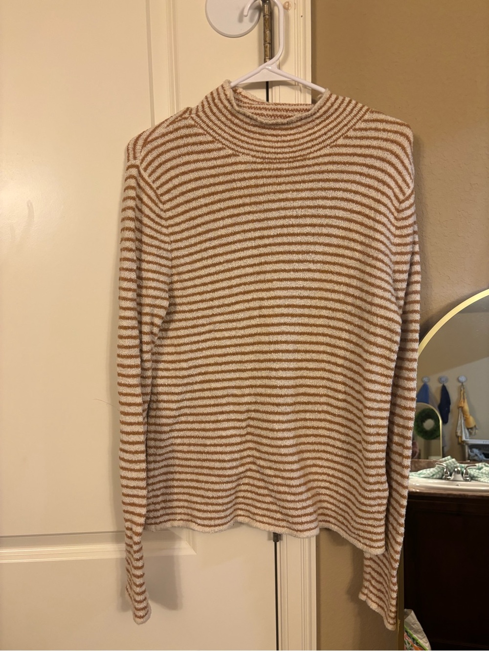J. Crew Cream and Tan Striped Cowl Neck Sweater